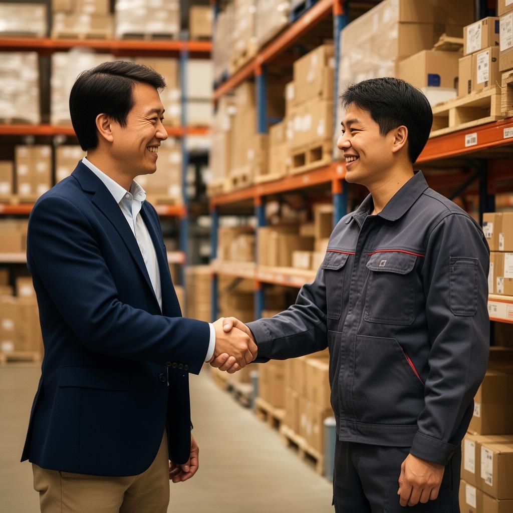 Buyer and small-business supplier shaking hands in a workshop after closing a deal