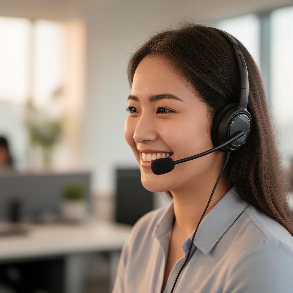 Friendly customer success specialist with a headset answering a buyer's question