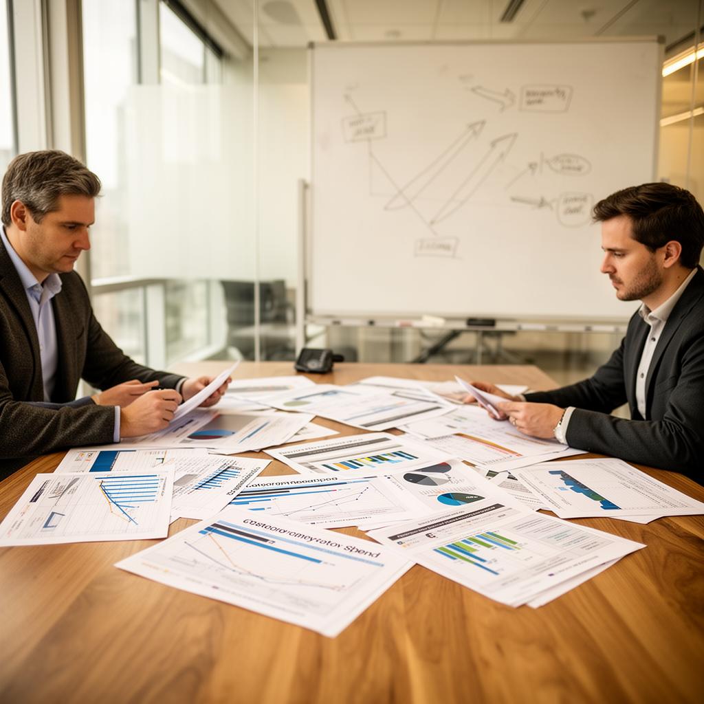 Procurement leadership team in a glass-walled boardroom mapping tail-spend categories on a wall display