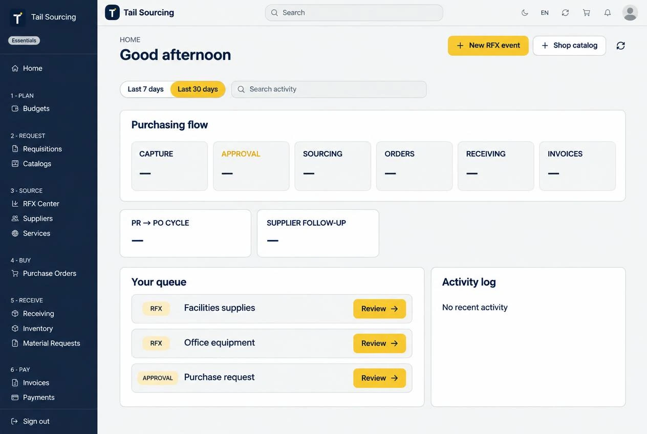 Tail Sourcing mockup: purchasing dashboard and navigation, without personal data