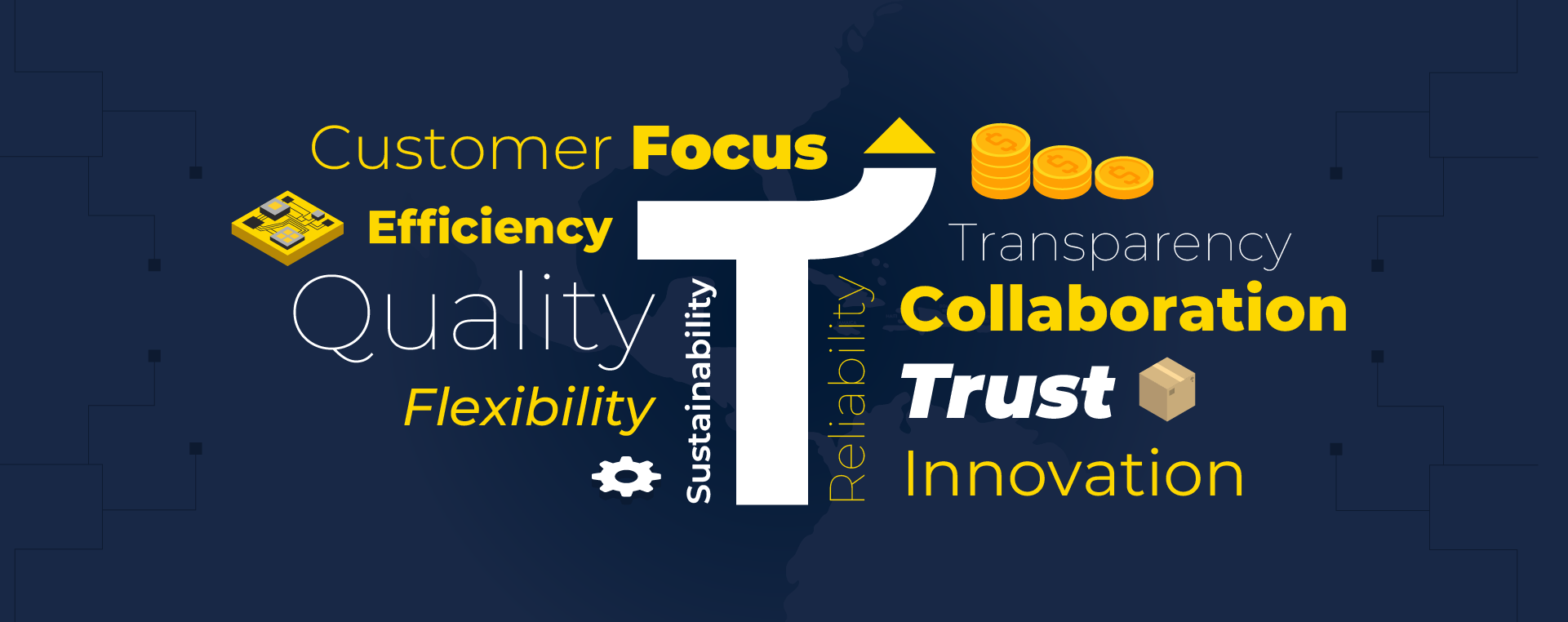 Tail Sourcing values: Customer Focus, Efficiency, Quality, Flexibility, Sustainability, Reliability, Transparency, Collaboration, Trust, Innovation